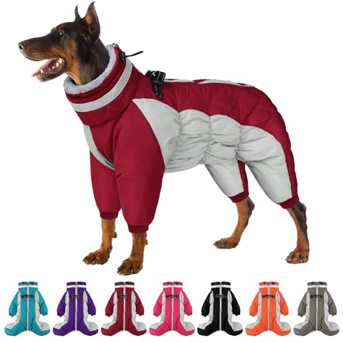 SUNFURA Full Body Dog Coat - Warm Fleece Jacket for Large Dogs, Turtleneck Winter Coats with Harness, Reflective Dog Snowsuit Windproof Puffer Jackets with Legs for French Bulldog, Burgundy L