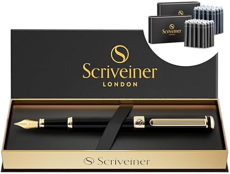 Scriveiner Luxury Fountain Pen - Stunning Black Lacquer Pen, Real Gold Plating, Schmidt Gilded Nib (Broad), Bundle with Fountain Pen Ink Cartridges - Black & Blue - 20 Standard International