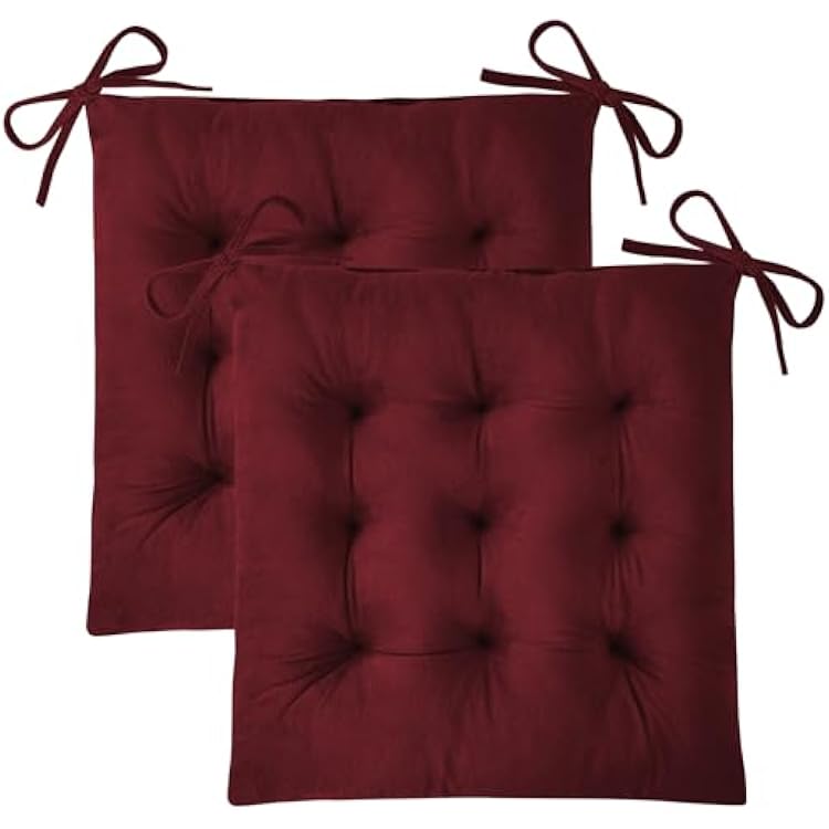 Kitchen Chair Cushions Set of 2 Tufted Square Seat Cushions with Ties Plush Chair Pad for Kitchen Dining Room Office15.5x15.5 Burgundy