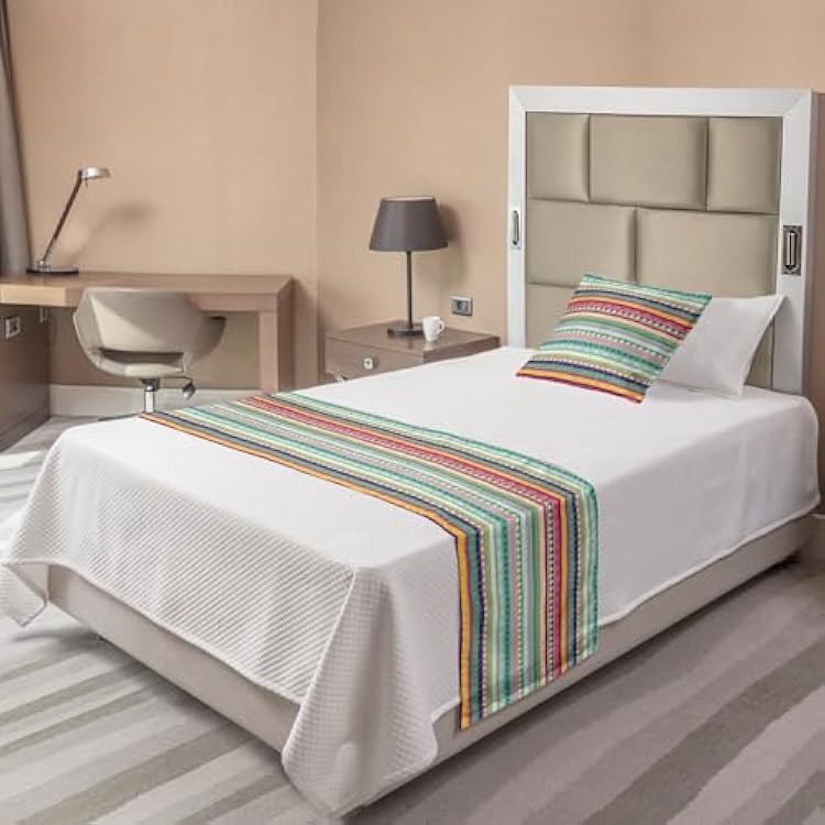 Lunarable Ethnic Bed Runner Set, Doodle Style Colorful Stripes with Circles Triangles and Arrow Timeless Art, Decorative Bedding Scarf and a Pillow Sham for Hotels Homes, Twin, Teal Magenta
