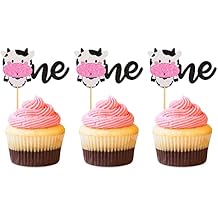 24 Pcs Cow One Cupcake Toppers Happy Birthday Farm Animals Cupcake Decorations for Cow Farm Animal Zoo Themed Kids Boy Girl Birthday Party Supplies Three Layers Party Decor
