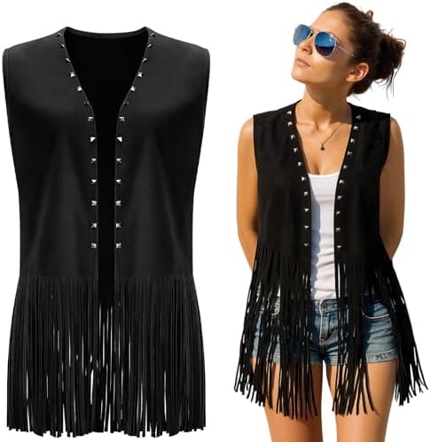 Hercicy Fringe Vest for Women 70s Hippie Western Cowgirl Vest Faux Suede Rivets Sleeveless Tassel Leather Vests Jacket