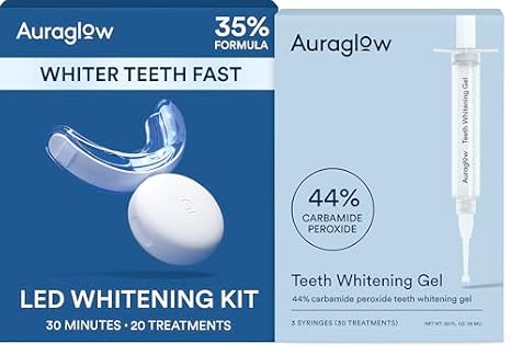 Auraglow Teeth Whitening Kit with LED Light & Extra Strength 44% Carbamide Peroxide Teeth Whitening Gel Refill, 30+ Treatments, Whiten Up to 10 Shades