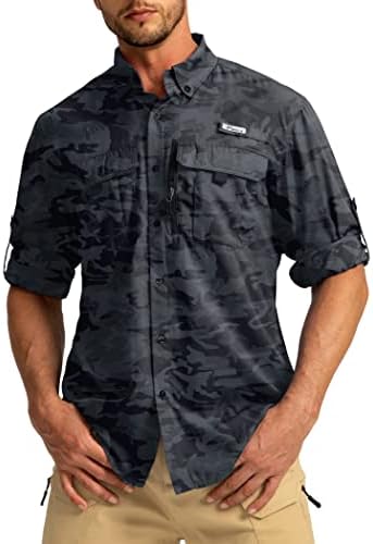 Mens Sun Protection Fishing Shirts Long Sleeve Travel Work Shirts for Men UPF50 Button Down Shirts with Zipper Pockets