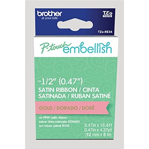 Brother P-Touch Embellish Gold Print on Pink Satin Ribbon TZERE34 ~12 Wide x ~13.1 Long for use with P-Touch Embellish Ribbon & Tape Printer