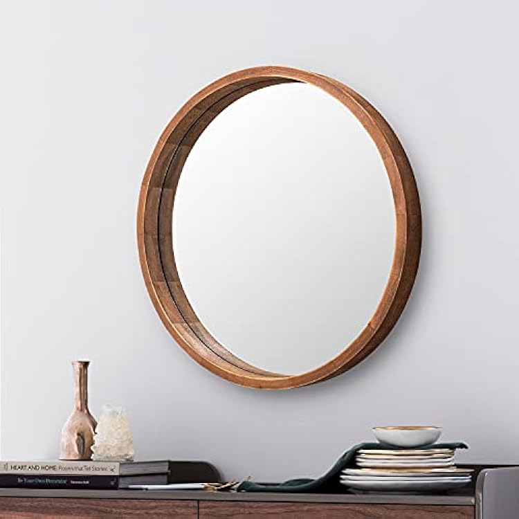 Round Wood Mirror 24 Inch, Wall Framed Bathroom Mirror for Vanity Farmhouse Rustic Mirror