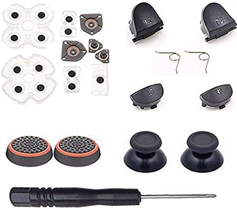 For PS4 L1 R1 L2 R2 Trigger Springs Buttons + 2 Joystick Thumb Sticks + 2 Joystick Silicone Caps + 2 Springs + 1 Screwdriver + 1 Set Silicone Conductive Rubber Pads