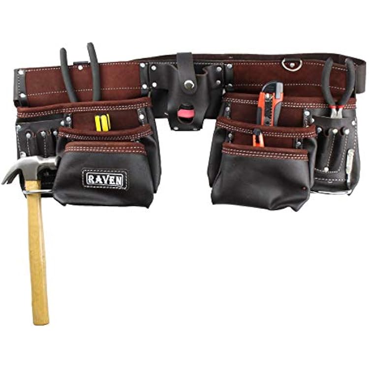 RAVEN Top Grain Oiled Leather Tool Belt | 13 Pockets & 2 Hammer Holders | 22 55.9 cm x 9 22.9 cm | Adjustable 34 to 46 86.4 to 116.8 cm Waist | Heavy Duty & Versatile | Perfect for Roofers