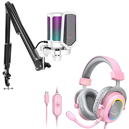 FIFINE Streaming Gaming USB Microphone Kit and PC Gaming Headset with 7.1 Surround Sound,Condenser RGB Mic,Plug and Play,Computer RGB Over-Ear Headphones for PS4PS5,for StreamingGame VoiceA6TWH6P