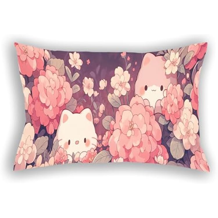 Cute Cats Cartoon Animals Pillowcase,Kawaii Midnight Bloom Flowers Pillow Case, Floral Plant Throw Pillow Covers,Decorative Cushion Cases with Zipper, for Living Room Bedroom 20 x30 Inches