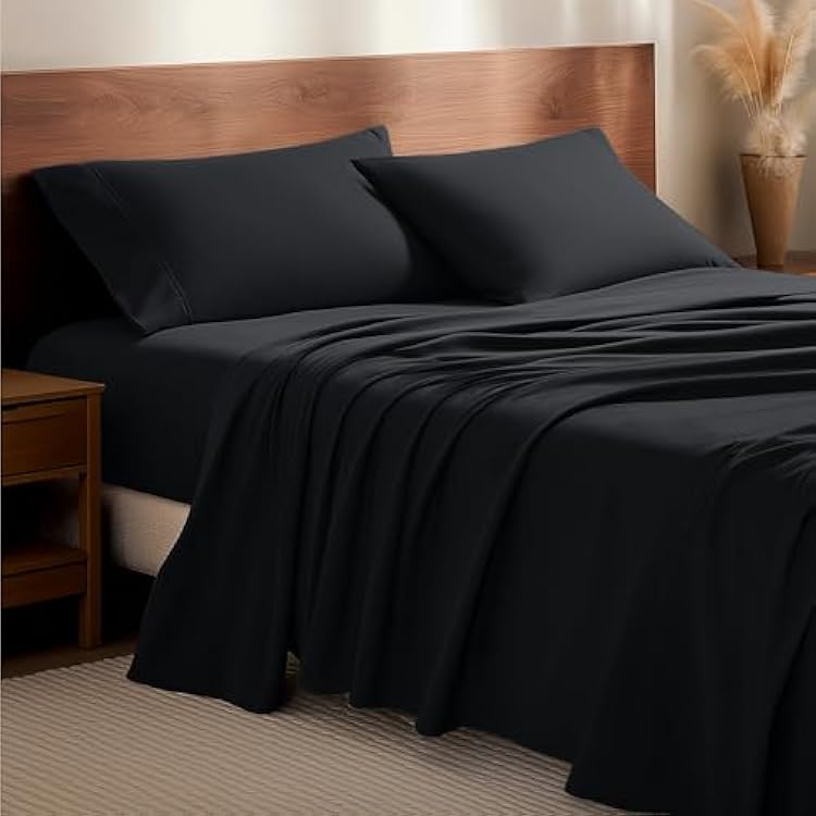 Bare Home Flannel Sheet Set 100% Cotton, Velvety Soft Heavyweight - Double Brushed Flannel - Deep Pocket Queen, Black