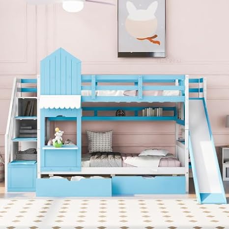CITYLIGHT Twin Over Twin Castle Bunk Bed with Slide, Storage Drawers and Stairs, Solid Wood House Princess Bunk Bed Frame with 3 Shelves for Kids, Blue