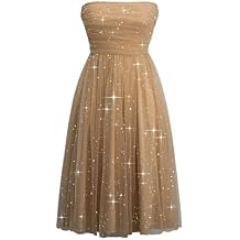 Women's Glitter Strapless Tulle Party Dresses Tea Length Sparkly Formal Party Evening Gowns with Bow