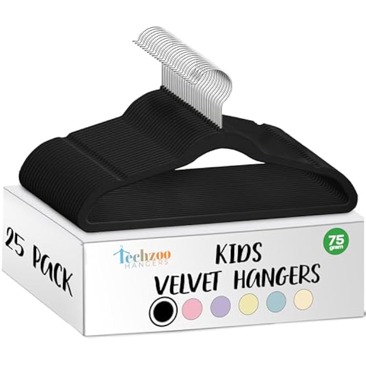 25 Premium Kids Velvet Hangers - 14 Non-Slip Clothes Hangers for Kids & Preteens - Ultra Slim, Space-Saving, Strong & Durable Hangers with 360 Swivel Hook - Black