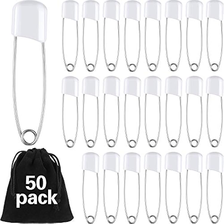 50 Pieces Diaper Pins Safety 2.2 Inch Plastic Head Cloth Diaper Nappy Pins with Locking Closures Stainless Steel with Velvet BagWhite
