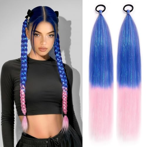Ponytail Extension for Women Girls, 2 Pack Braided Hair Extensions with Tinsel, Colorful Synthetic Ponytail Extension with Elastic Tie for Daily Cosplay & Dress Up Party, Ombre Blue to Pink, 26 Inch