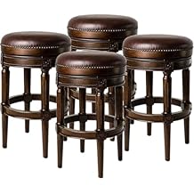 Maven Lane Pullman Backless Bar Stool 31 Inches Set of 4 Swivel Stools with Footrest Dark Brown Solid Wood Frame & Brown Faux Leather Upholstery Perfect for Bars, Pubs & Tall Kitchen Counters