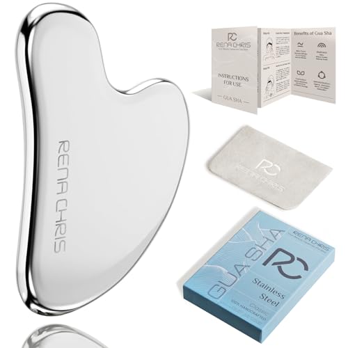Rena Chris Gua Sha Facial Tools, Stainless Steel Guasha Tool for Acupuncture, Manual Massage Tool for Jawline Sculpting and Puffiness Reducing, Gua Sha Facial Massage Tool, Skin-Care Gift Silver