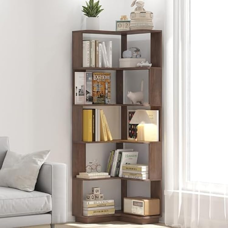 GDFStudio 64.6 Tall L-Shaped Corner Bookshelf, 6-Tier Freestanding Corner Shelf Bookcase with Anti-Drop Panels, Wooden Open Back Display Shelves Organizer for Living Room Bedroom Office, Dark Brown