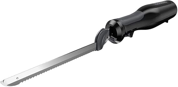 Black+Decker Comfort Grip Electric Knife with 7-Inch Stainles Steel Blades & Safety Lock Button, Ideal for Carving, Slicing & Cutting Meats, Turkey Bread & Craft Foam, Dishwasher Safe | Electric carving knife with serrated blades, comfort grip, safety lock and dishwasher-safe blades.