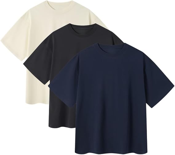 3 Pack Oversized T-Shirts Crewneck Streetwear Tshirt Heavyweight Short Sleeve Gym Workout Tops