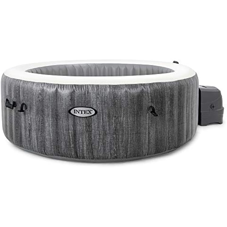 Intex PureSpa Greywood Deluxe 85 x 25 Outdoor Portable Inflatable 6 Person Round Hot Tub Spa with Bubble Jets, Hardwater Treatment, Filter and Cover