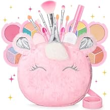 Kids Real Makeup Kit for Girls 3-10 Years Old : Washable Non Toxic Make Up Toys Sets for Toddler - 17Pcs Vanity Set with Unicorn Purse for Little Girl Ages 3 4 5 6 7 8 Birthday Gifts - Pink