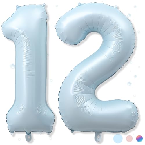 Foil 12 Balloon, Light Matte Sky Blue Big Number 12 Balloons for Boys Birthday Party Decor, 40 Inch Mylar Helium Number 12 Pastel Baby Blue Balloon for 12th Birthday Party Anniversary Decorations