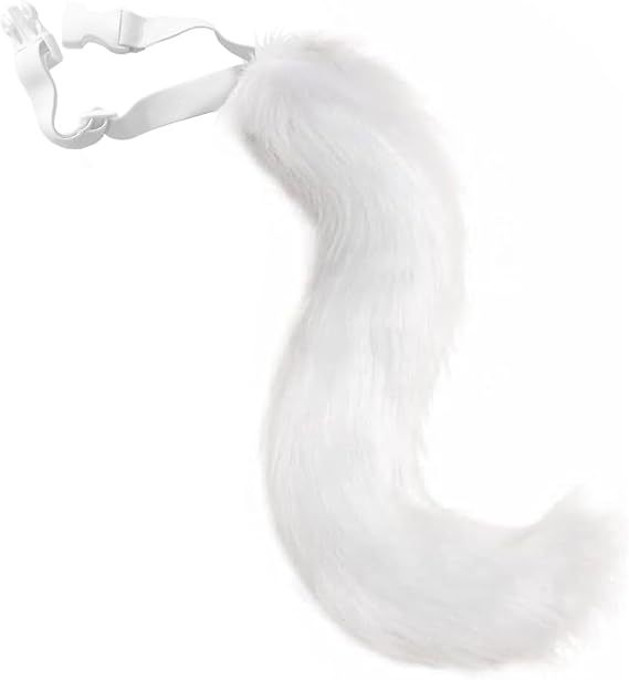White Furry Tail, Faux Fur Fox Tail, Unicorn Tail, Cat Costume Accessories | Adult cat costume accessory, with fluffy white fur animal tail, 3 in. diameter, 19 in. long, adjustable elastic waist strap