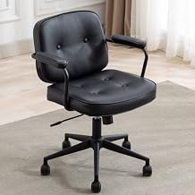 Ya-Home Modern Swivel Office Desk Chair with Armrest, Comfy Height Adjustable Computer Chair with Wheels, Mid Back Tufted Button Desk Chair for Home Office, PU Black, 1pc