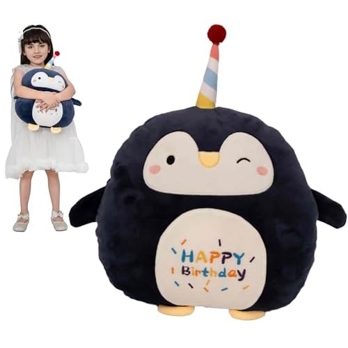 Happy Birthday Penguin Plush Pillow,12 Inch Kid-Safe PP Cotton Stuffed Animal,Soft Hugging Waist Nap Cushion for Office Living Room, for Kids Adults on Christmas Valentines Day