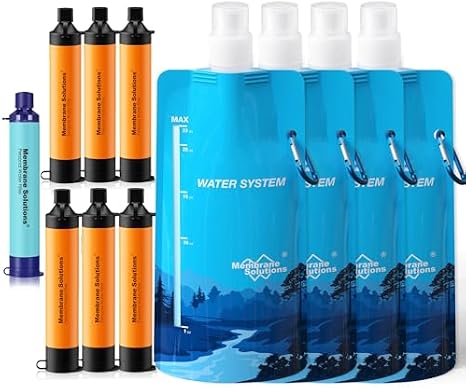 Membrane Solutions Squeezable Water Filtration System, Survival Water Purifier Kit, Portable Backpacking Gear Including Water Filter Straw and 23oz Collapsible Bottle for Hiking Camping Travel(7+4)