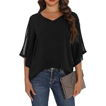 GUANYY Women's Ruffle 3/4 Sleeve Chiffon Tops Casual V Neck Double Layers Sheer Blouses Business Work Dressy Shirt S-XXL
