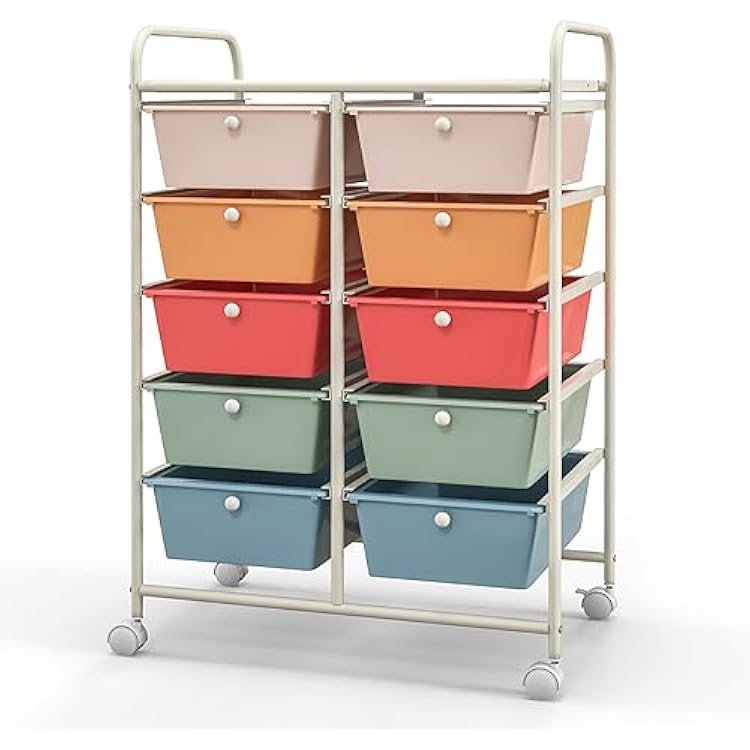 10-Drawer Rolling Cart with Drawers, Storage Cart with Universal Wheel & Metal Frame, Multipurpose Mobile Trolley Utility Cart for Makeup Kitchen Office Play Room Macaron