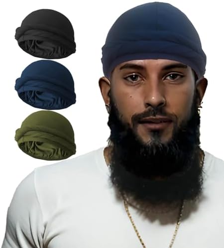 3pcs Upgraded Halo Turban Durag for Men &Women, Pre-Tied Skull Cap, Hair Loss Hat Silk-Lined Headwraps, Sleeping Bonnet