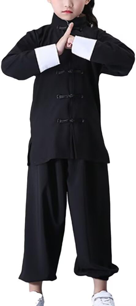Kung Fu Suit for Unisex Kids Long Sleeve Black Martial Arts Taichi Traditional Uniform