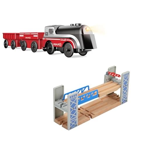 Toy Train Accessories Railroad Bridge and Battery Operated Trains for Wooden Track Set, Motorized Train Toy with Overpass Bridge Compatible with Thomas, Brio, Melissa and Doug