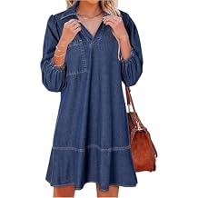 FQZWONG Denim Dress for Women Fashion Casual Babydoll V Neck 3/4 Puff Sleeve Jean Dresses Fall Trendy Collared Mini Dress