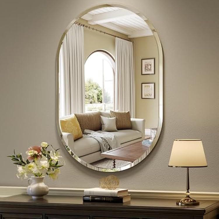 Brightify Frameless Oval Mirror, 24x36 Oval Bathroom Mirror Designed with French Cleat Hooks, Oval Beveled Mirrors for Bathroom Sink, Entryway, Bedroom, Vanity, Modern and Elegant
