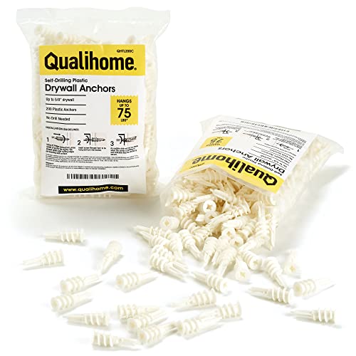 Qualihome Self Drilling Drywall Anchors - Plastic Anchors for Drywall, Gypsum Wallboard, Sheetrock - Screw Anchors for Multiple Wall Hanging Items - No Pre Drilling Required - 75 Lbs. 200 Pack