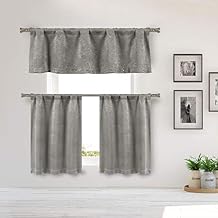 Kelvin - Home Decorator Blackout Room Darkening Kitchen Tier & Valance Set | Small Window Curtain for Cafe, Bath, Laundry, Bedroom - Silver)