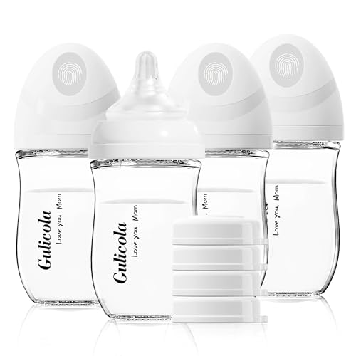 Gulicola Natural Glass Baby Bottle 4 Pack, Newborn Breastfeeding Bottles Set, Extra Slow Flow Nipples SS, Anti Colic, 0 Months, 5 oz - White
