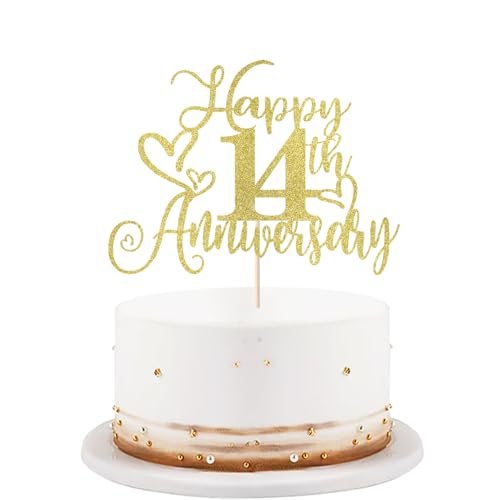 golden Glitter Happy 14th Anniversary Cake Toppers-Wedding Anniversary Party Decorations,gold Wedding Party,Birthday Party Decorations,Company Anniversary Party14th Birthday Party Decorations 14th