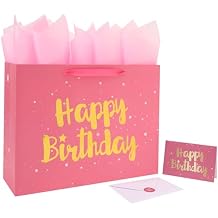 Qirrmiy 16.5 Extra Large Pink Happy Birthday Gift Bag Set with Handles, Greeting Card, Tissue Papers and Stickers for Women Girls Kids, Stars Design, 1 Pcs.