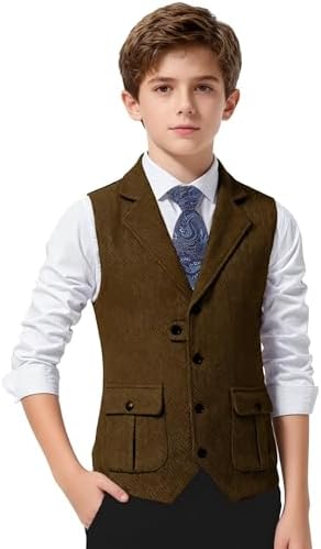 Kids Tweed Retro Vest for Boys Herringbone Waistcoat with Tie Toddler Vintage Slim Fit Christmas Wedding Outfit