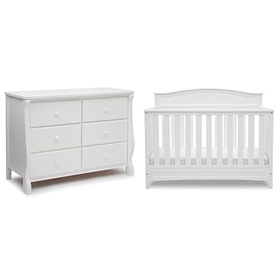Delta Children Universal 6 Drawer Dresser with Interlocking Drawers - Greenguard Gold Certified, White & Emery 4-in-1 Convertible Baby Crib - Greenguard Gold Certified, White