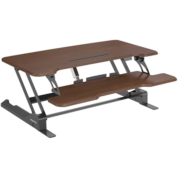 Mount-It! Electric Standing Desk Converter with 38 Tabletop, Height Adjustable Desk Riser, Motorized Desk Riser with Keyboard Tray and Device Slot, Fits Monitor & Laptop, Dark Walnut