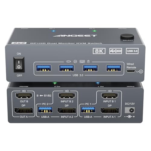 KVM Switch 2 Monitors 2 Computers 8K@60Hz, 4K@144Hz, ANGEET HDMI and Displayport Dual Monitor KVM Switch with 4 USB 3.0 Port for Keyboard Mouse Printer, with Wired Remote, Power Adapter and USB Cable