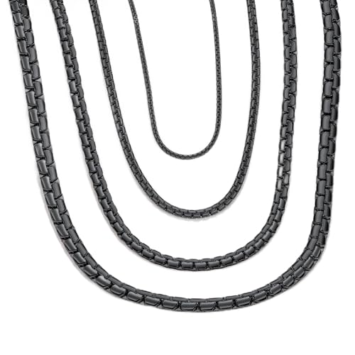 ChainsHouse Flat Box Chain Necklace Men, 2468mm Round Link Chain Necklaces, Stainless SteelBlack14K Gold Plated Mens Jewelry, 14-30 Length, Come Gift Box