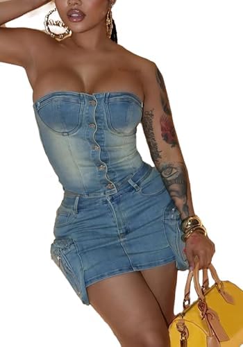 SHINFY Womens Denim Skirt Sets 2 Piece Outfits Sexy Tube Top and Bodycon 3D Pocket Mini Cargo Jean Skirt Club Outfits